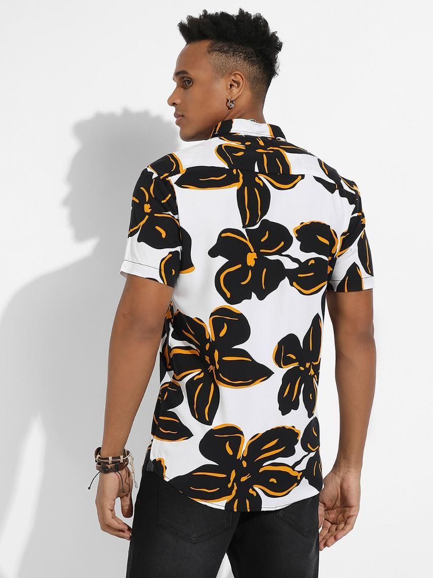 Campus Sutra Men's Rayon White & Black Maxi Floral Print Shirt