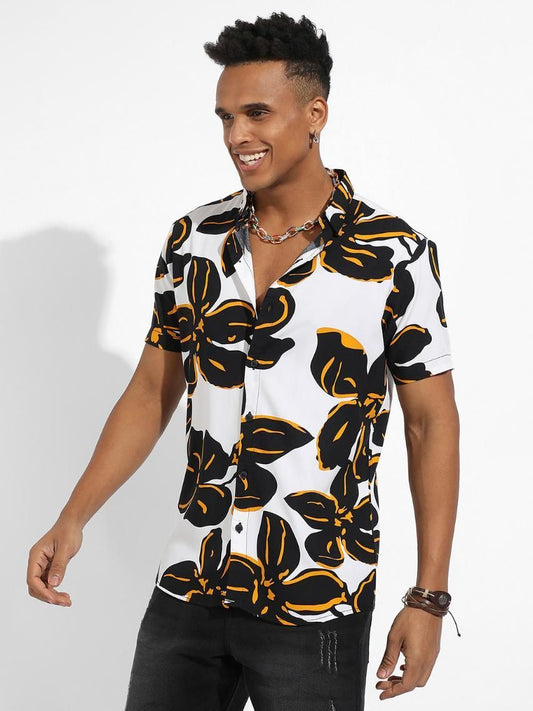 Campus Sutra Men's Rayon White & Black Maxi Floral Print Shirt