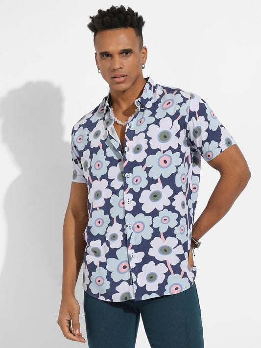 Campus Sutra Men's Rayon Indigo Blue Maxi Floral Block Shirt