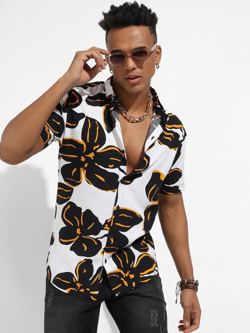 Campus Sutra Men's Rayon White & Black Maxi Floral Print Shirt