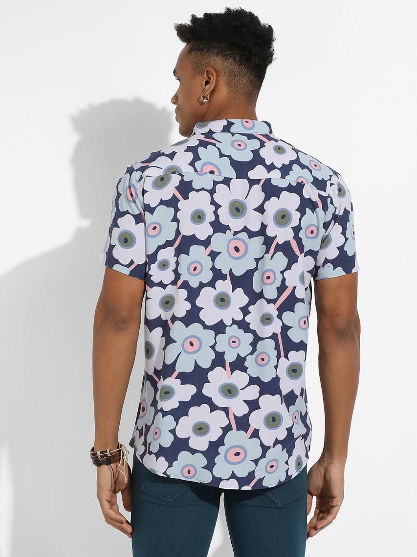 Campus Sutra Men's Rayon Indigo Blue Maxi Floral Block Shirt