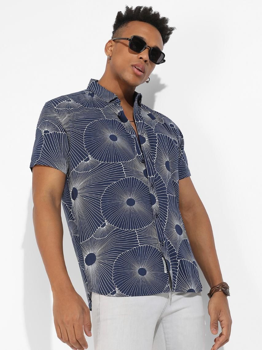 Campus Sutra Men's Rayon Mushroom Print Button Up Shirt