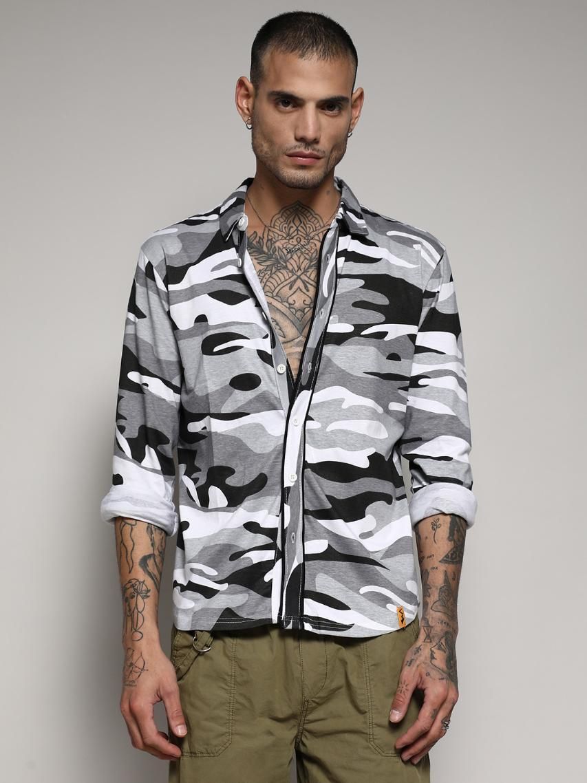 Campus Sutra Men's Grey Camouflage Shirt