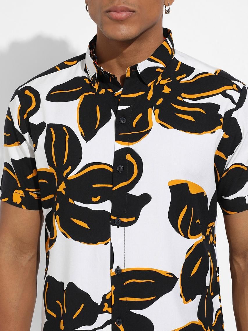 Campus Sutra Men's Rayon White & Black Maxi Floral Print Shirt