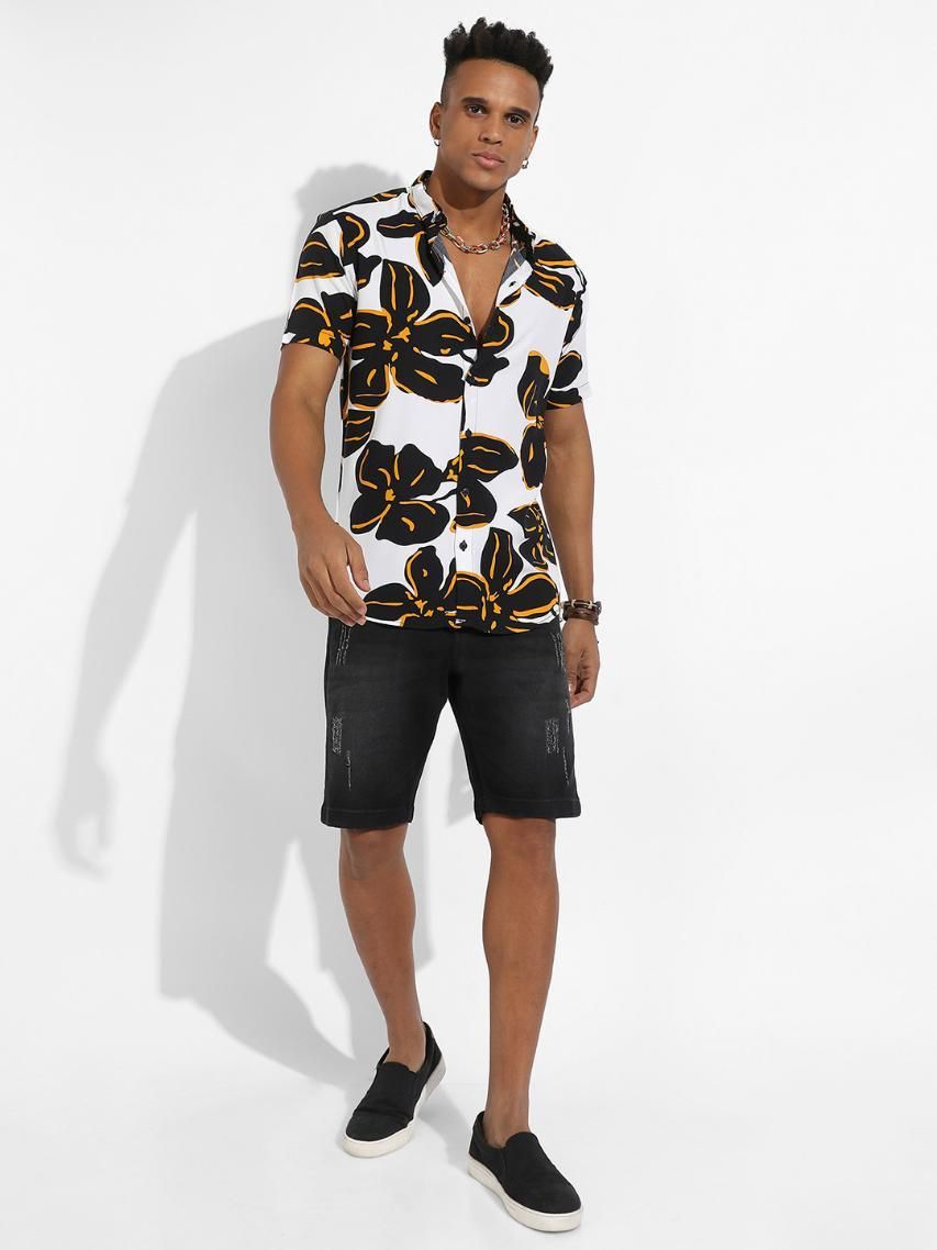 Campus Sutra Men's Rayon White & Black Maxi Floral Print Shirt